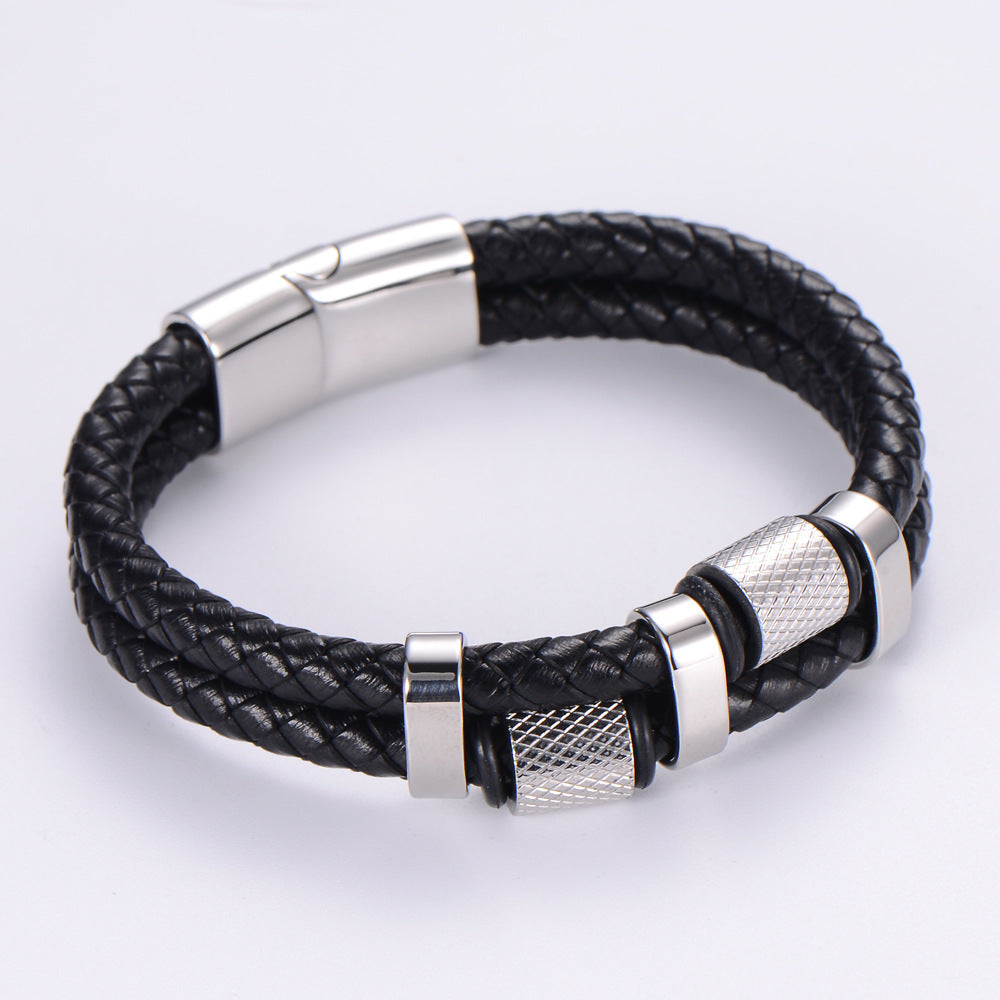 Fashion Leather Jewelry Stainless Steel  18K Gold Double-layer Leather Rope Bracelet