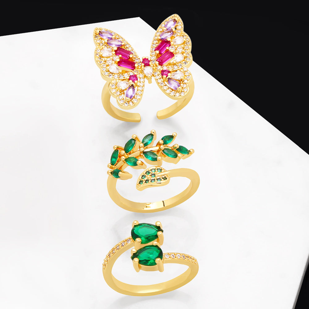 Emerald Leaves & Butterfly Zircon Gold Plated Open Ring