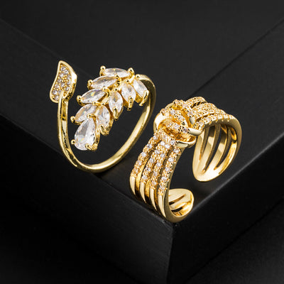 Fashion Geometric Leaf Gold Plated Zircon Open Ring