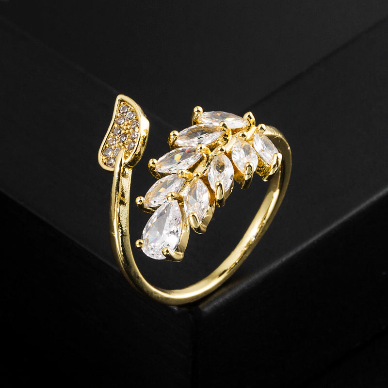 Fashion Geometric Leaf Gold Plated Zircon Open Ring