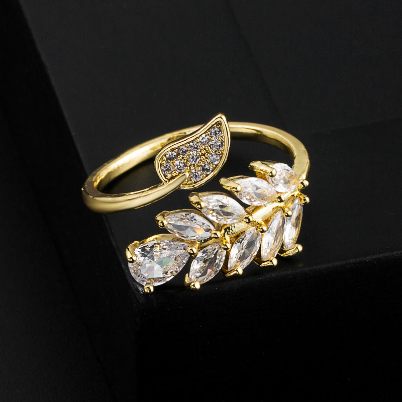 Fashion Geometric Leaf Gold Plated Zircon Open Ring