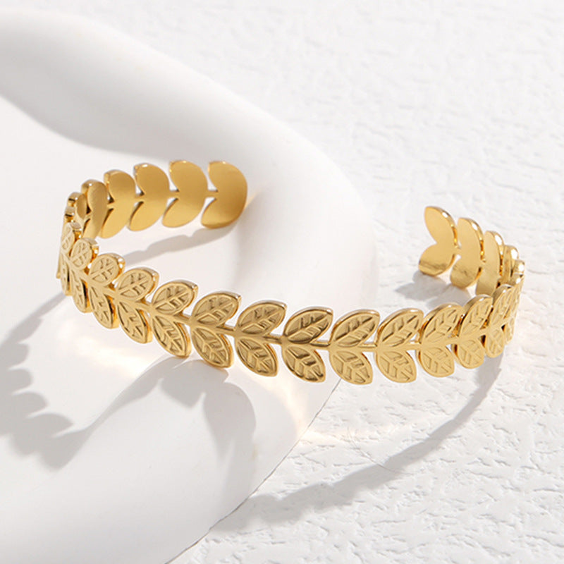 Adjustable Stainless Steel Leaf Design Bangle Bracelet - 18K Gold Plated Cuff