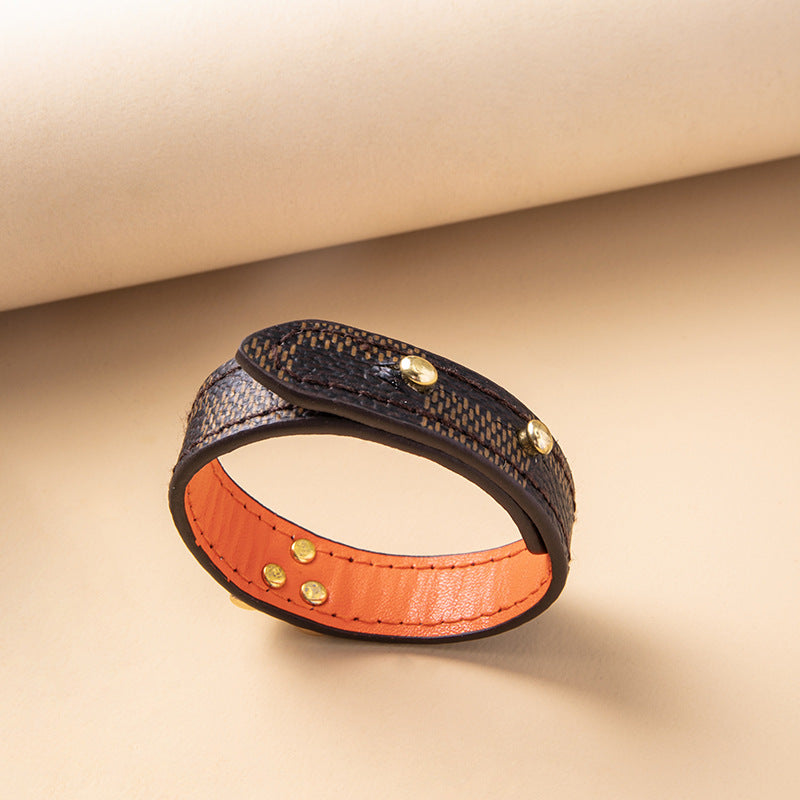 Fashion Plaid PU Leather V-Shaped Bangle with Alloy Metal Button