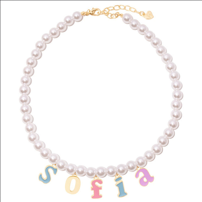 Fashion Alphabet Stainless Steel Pearl Beaded Pendant Necklace