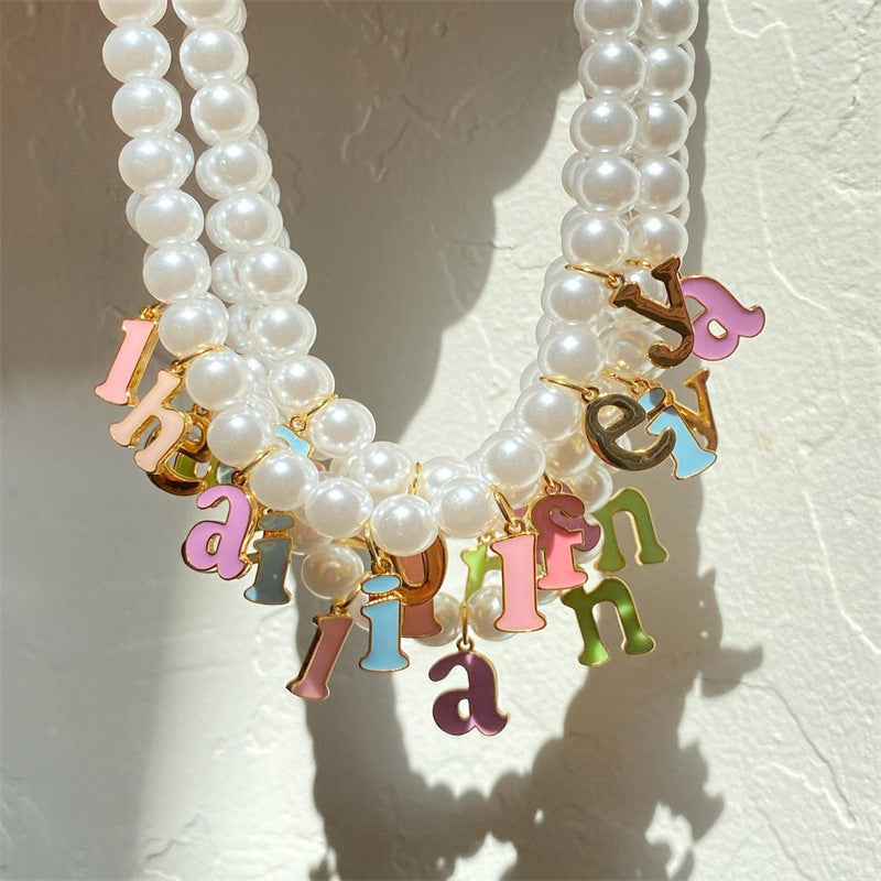 Fashion Alphabet Stainless Steel Pearl Beaded Pendant Necklace