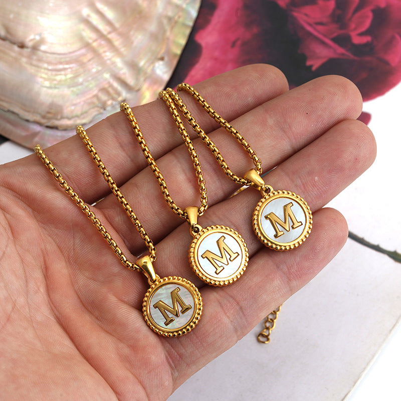 Stainless Steel Inlay Shell Pendant Necklace with 18k Gold Plated Round Floral Design and Alphabet Charm