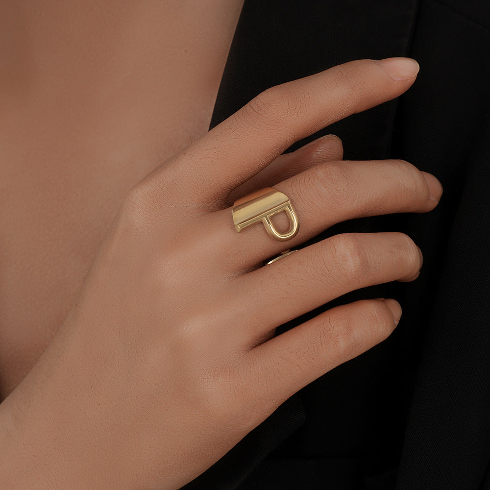 Fashion Alphabet Titanium Steel Gold Plated Open Ring