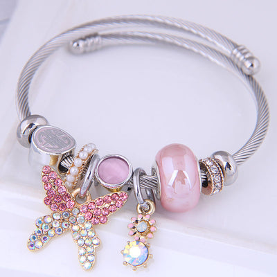 Fashion Metal Butterfly Pendant Bracelet with Birthstone and Natural Stone Beads