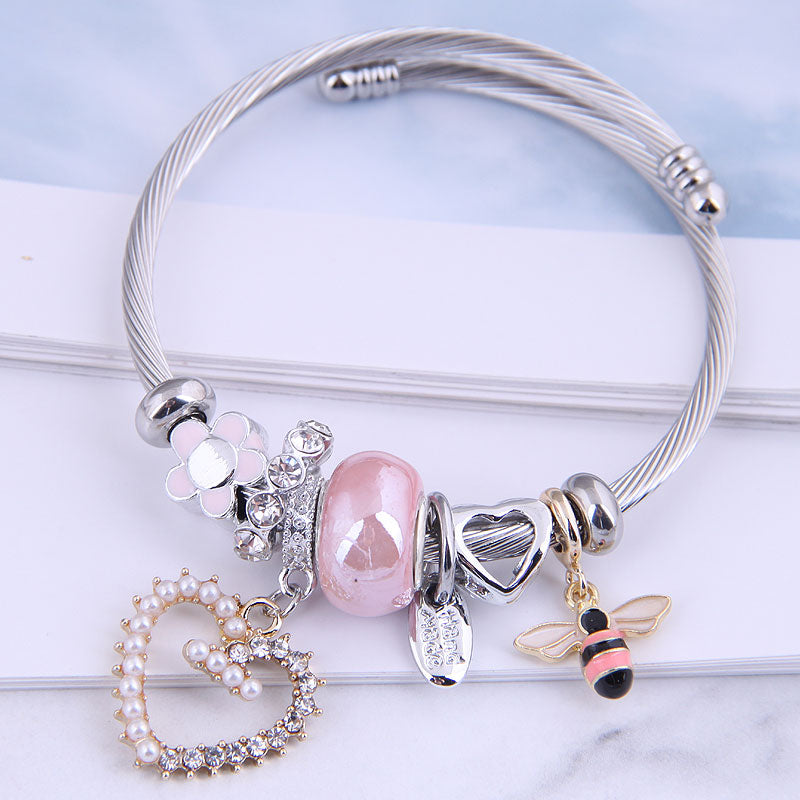 Fashion Metal Heart and Bee Adjustable Bracelet with Pearl Elements