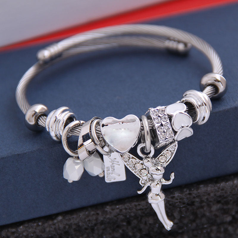 Fashion Metal Adjustable Bracelet with Crystal Heart and Angel Pendant