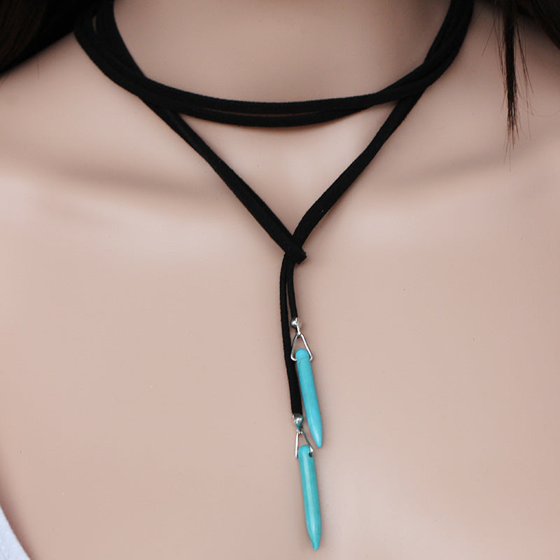 Bohemian Natural Stone Turquoise Pendant Velvet Tie Long Necklace