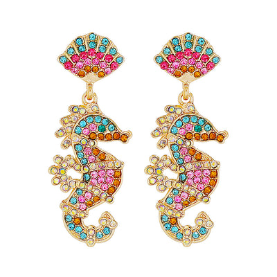 Fashion New Colorful Seahorse Geometric Rhinestone Alloy Earrings