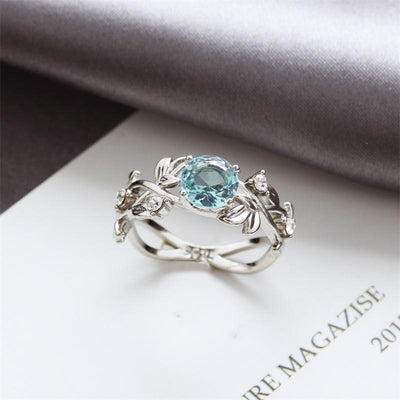 Fashion OL Pop Leaf Leaf Diamond Zircon Ring Environmental Protection Plating 925 Silver Sapphire Copper Jewelry