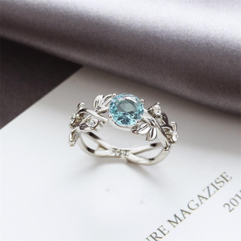 Fashion OL Leaf Diamond Zircon Ring 925 Silver Sapphire Copper Jewelry