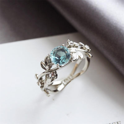 Fashion OL Pop Leaf Leaf Diamond Zircon Ring Environmental Protection Plating 925 Silver Sapphire Copper Jewelry