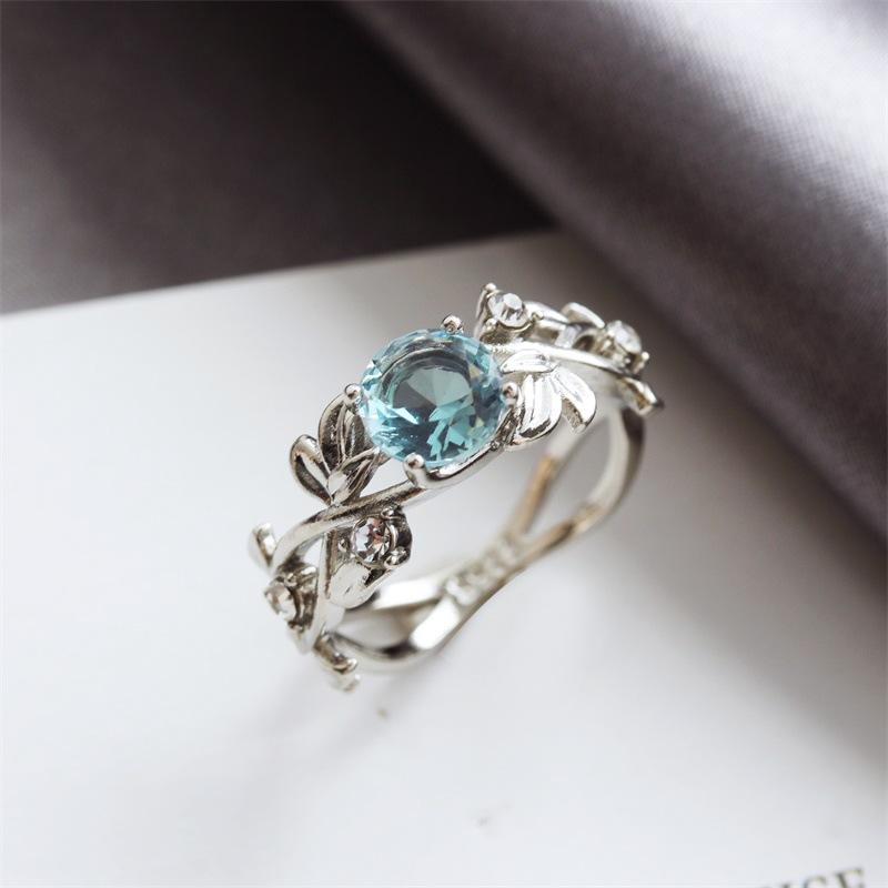 Fashion OL Leaf Diamond Zircon Ring 925 Silver Sapphire Copper Jewelry