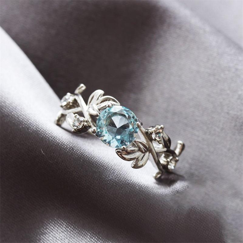 Fashion OL Leaf Diamond Zircon Ring 925 Silver Sapphire Copper Jewelry