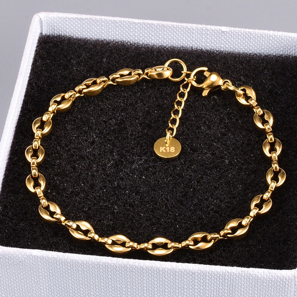 Oval Pig Nose Coffee Bean Titanium Steel Bracelet - 18k Gold Plated Women's Jewelry