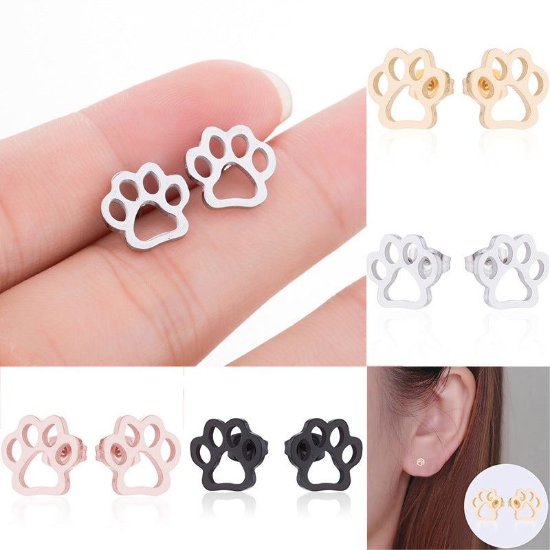 Paw Print Stainless Steel Animal Ear Studs - Cute Vintage Design