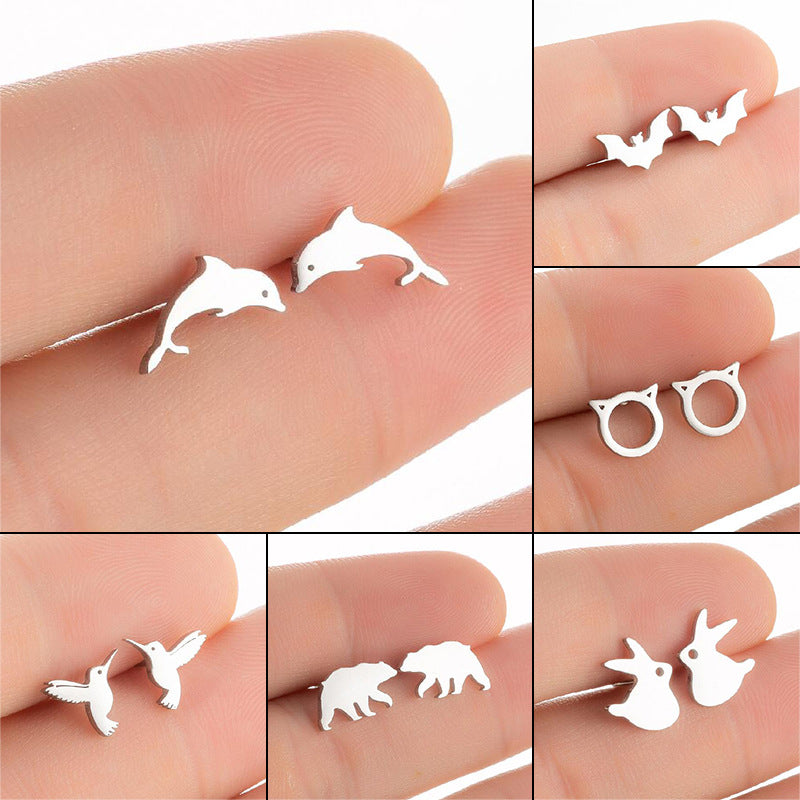 Fashion Rabbit Bat Bird Stainless Steel Plating Ear Studs 1 Pair