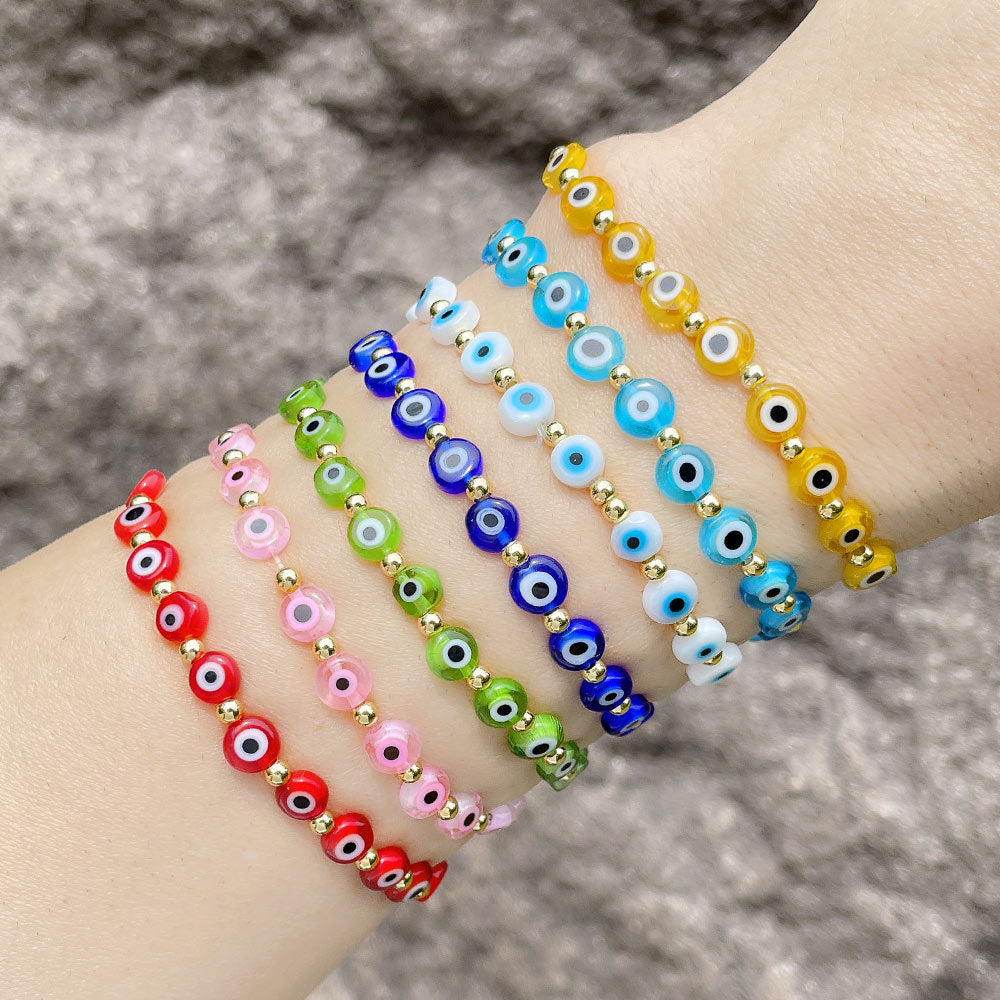 Fashion Resin Evil Eye Copper Bracelet - Colorful 6mm Beaded Lucky Charm