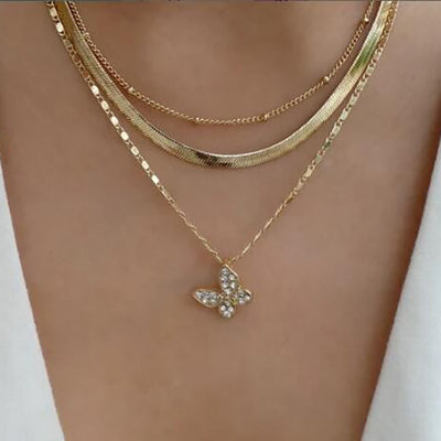 Fashion Retro Diamond Butterfly Pendant Layered Necklace