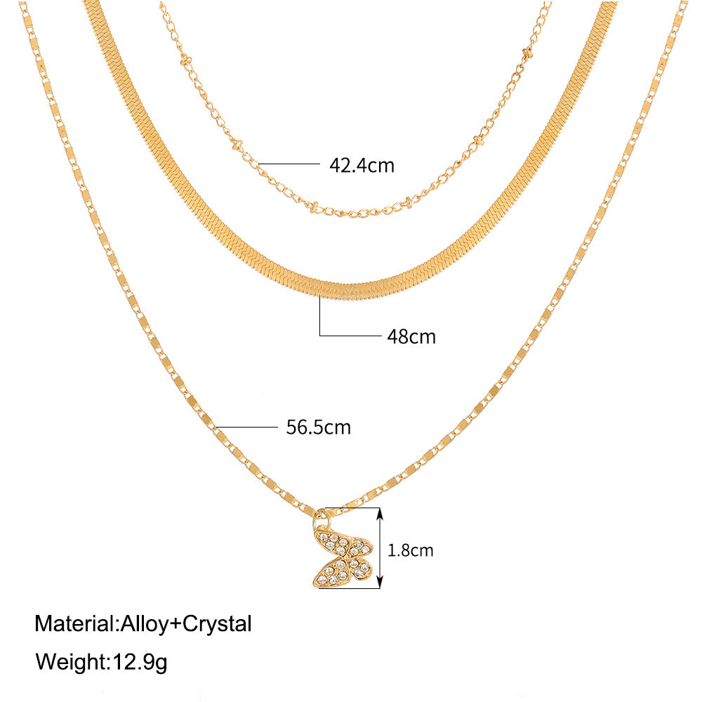 Fashion Retro Full Diamond Butterfly Pendant Alloy Three-layer Necklace