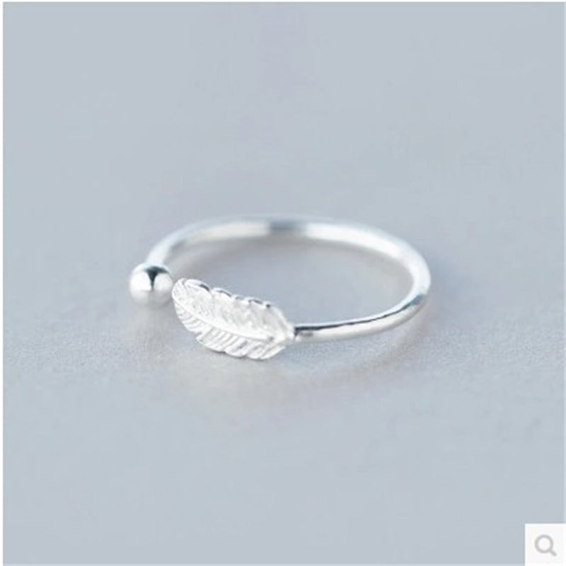 S925 Sterling Silver Feather Leaf Adjustable Ring for Women