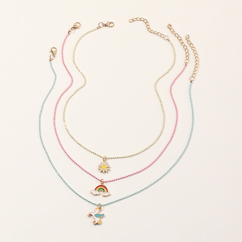 Fashion Simple Children's Rainbow Geometric Pendant Necklace Set