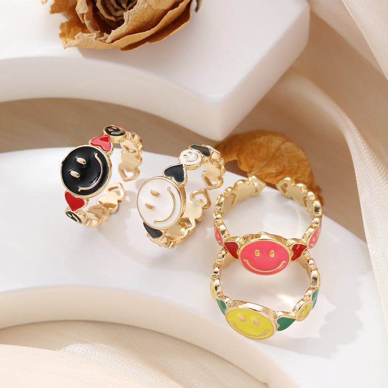 Fashion Smiley Face Gold-Plated Copper Enamel Open Ring