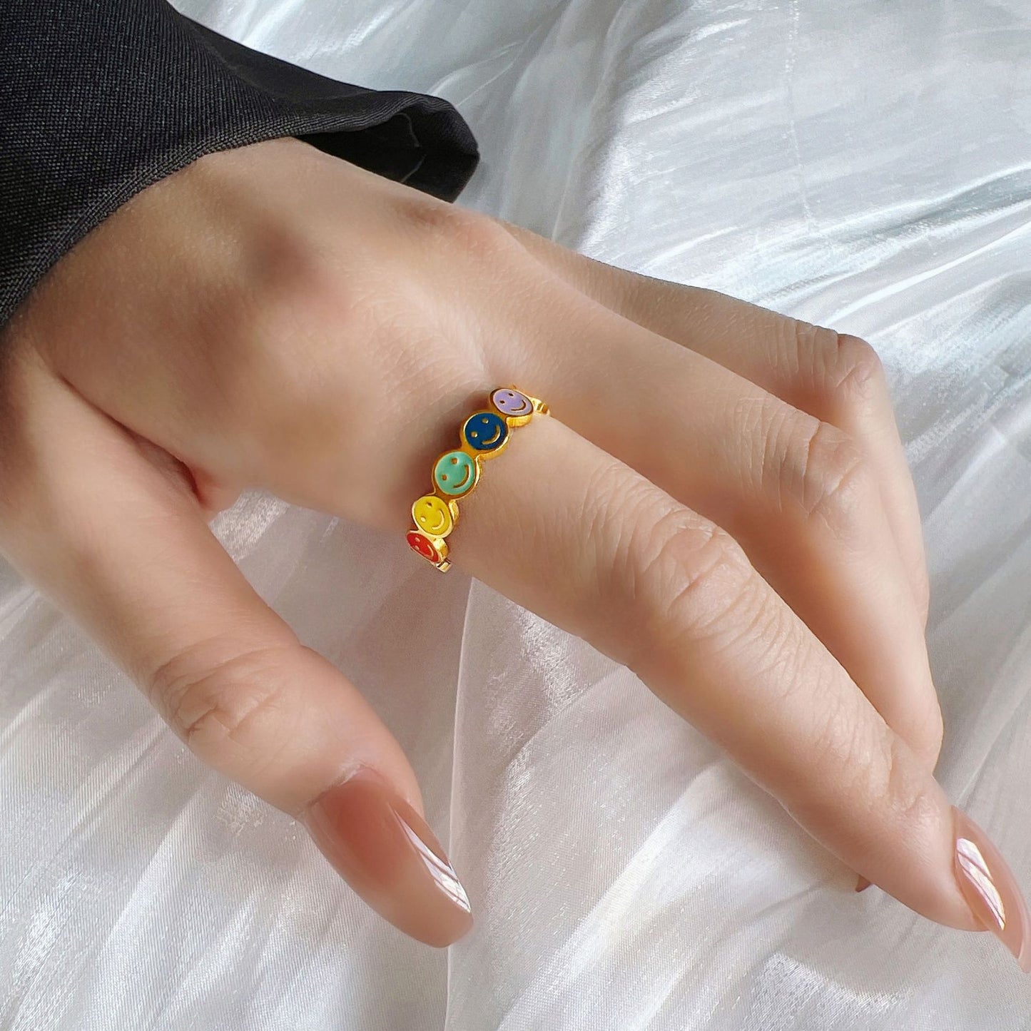 Fashion Rainbow Smiley Face Titanium Steel Open Ring