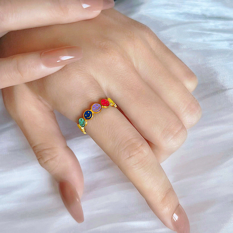 Fashion Rainbow Smiley Face Titanium Steel Open Ring