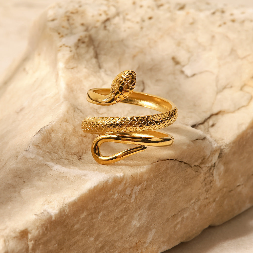 Vintage Snake Design 18k Gold Plated Stainless Steel Open Ring