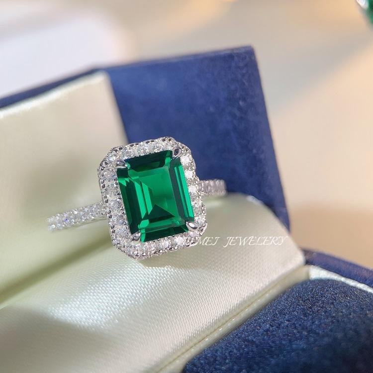 Emerald Cut Sterling Silver Plated Ring with Artificial Diamond