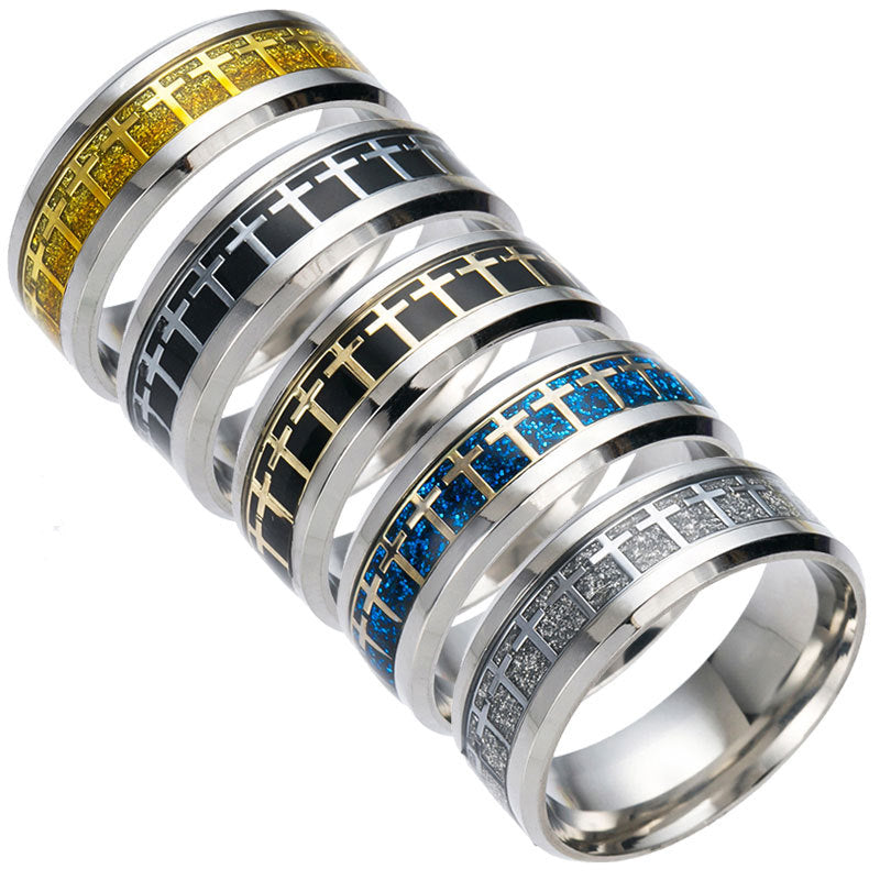 Stainless Steel Cross Design Blue Gold Ring