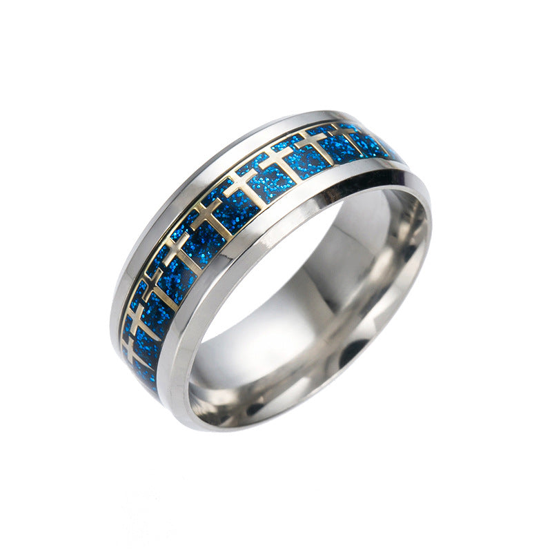 Stainless Steel Cross Design Blue Gold Ring