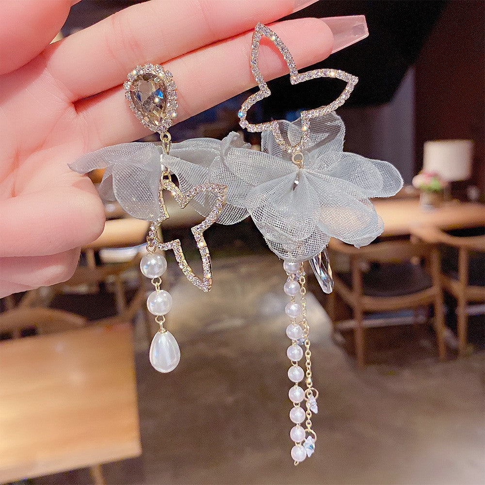 Fashion Asymmetric Butterfly Bow Knot Imitation Pearl Tassel Rhinestone Drop Earrings