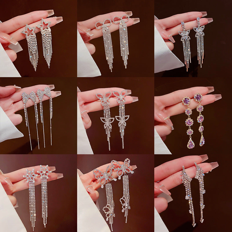 Fashion Asymmetric Butterfly Bow Knot Imitation Pearl Tassel Rhinestone Drop Earrings