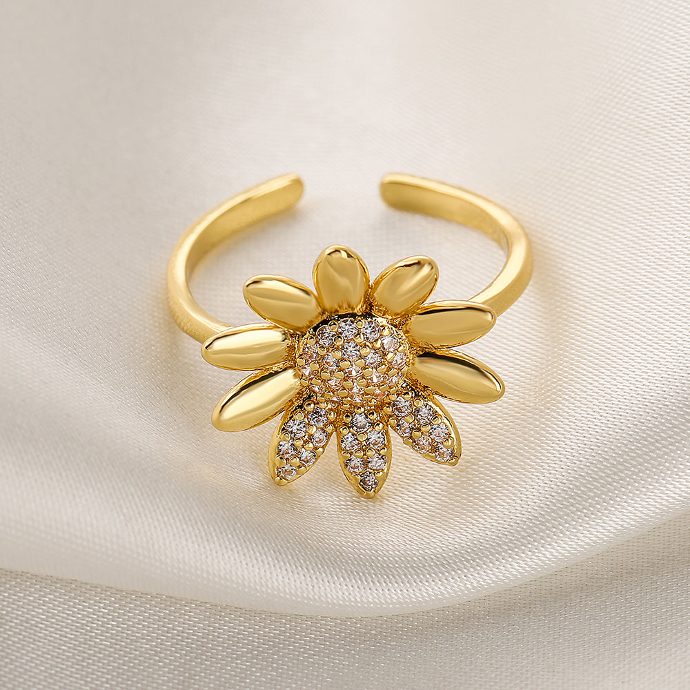 Fashion Geometric Star Moon Flower 18k Gold Plated Zircon Open Ring