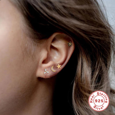 Fashion Star Moon Heart Shape Sterling Silver Inlay Ear Studs 1 Piece