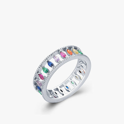 Sterling Silver S925 Rainbow Gemstone Hollow Women's Ring