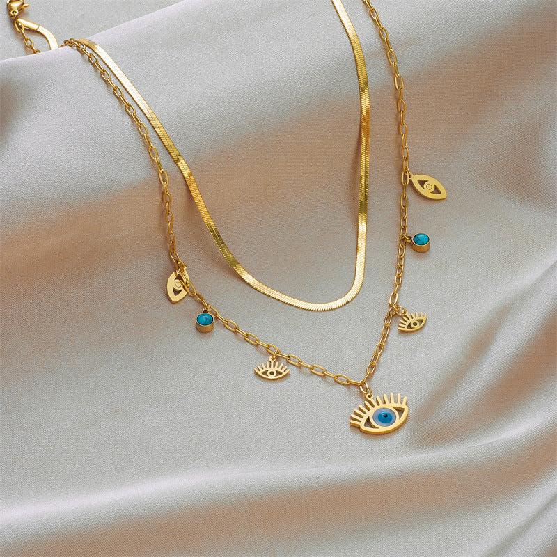 Fashion Sun Eye Titanium Steel Plating Inlay Turquoise Layered Necklaces 1 Piece
