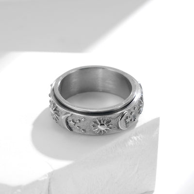 Fashion Sun Moon Star Rotatable Titanium Steel Bohemian Ring