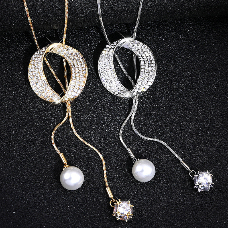 Elegant Tassel Alloy Necklace with Artificial Pearls and Zirconia Pendants