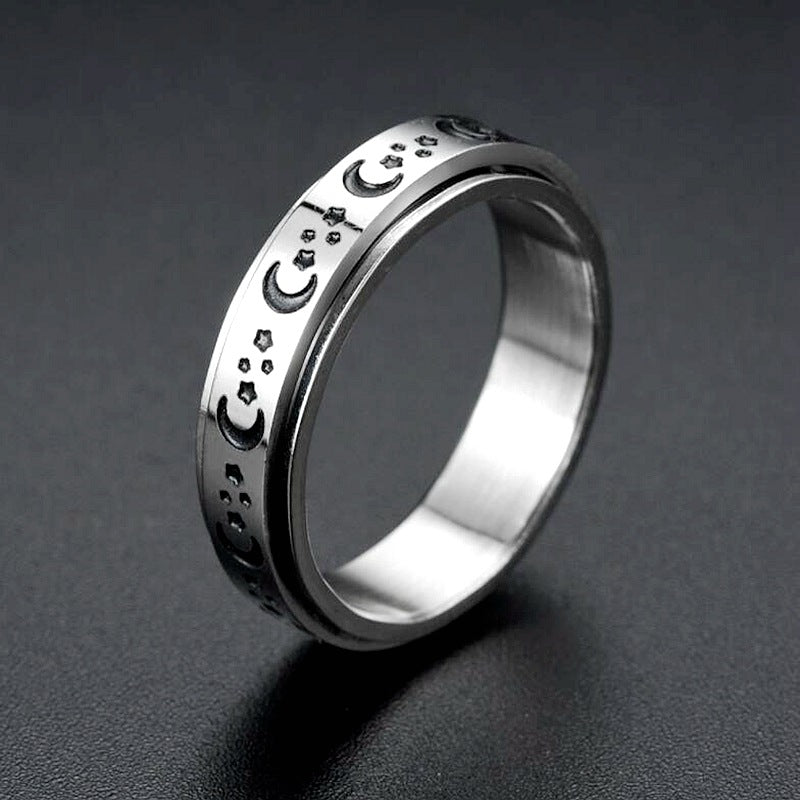 Fashion Titanium Steel Rotatable Star Moon Meditation Couple Rings Jewelry