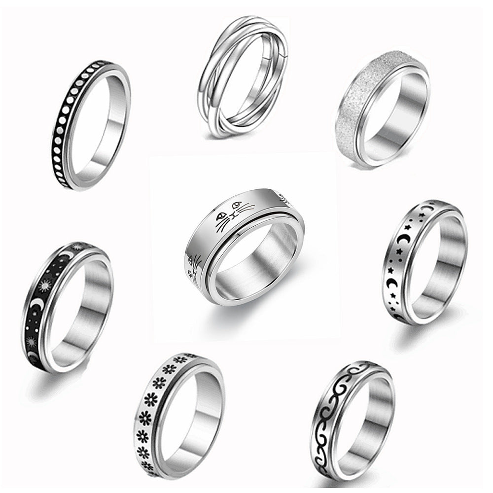 Fashion Titanium Steel Rotatable Star Moon Meditation Couple Rings Jewelry