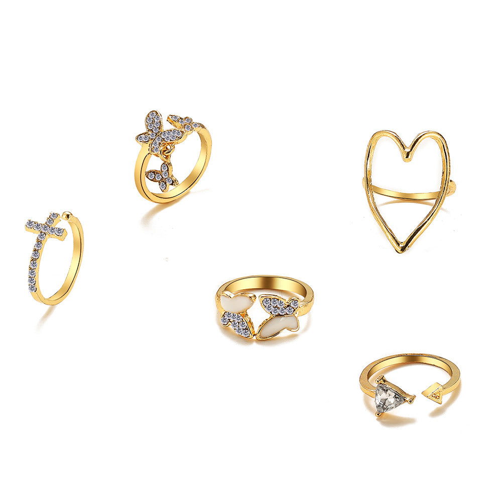 Fashion Triangle Heart & Butterfly Diamond Ring 5-Piece Set - Creative Retro Design