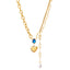 Blue Water Droplet Heart Pendant Necklace with Zircon and Pearl Tassels in Titanium Steel