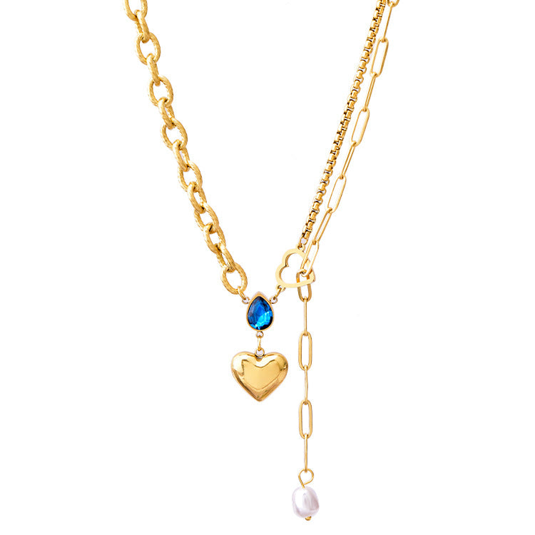 Blue Water Droplet Heart Pendant Necklace with Zircon and Pearl Tassels in Titanium Steel