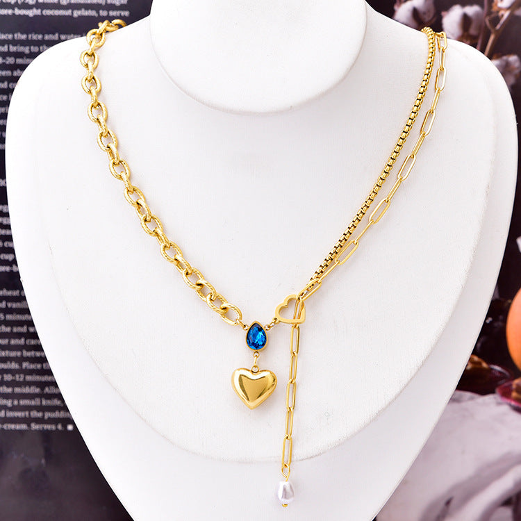 Blue Water Droplet Heart Pendant Necklace with Zircon and Pearl Tassels in Titanium Steel